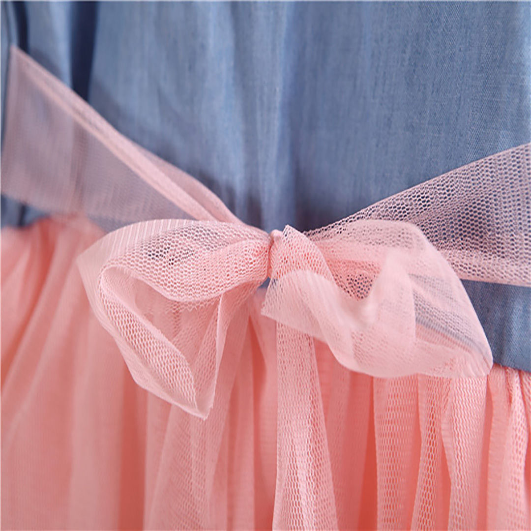 Ministry of Style - Denim Blue and Pink Flared Sleeveless Frock -18M-24M