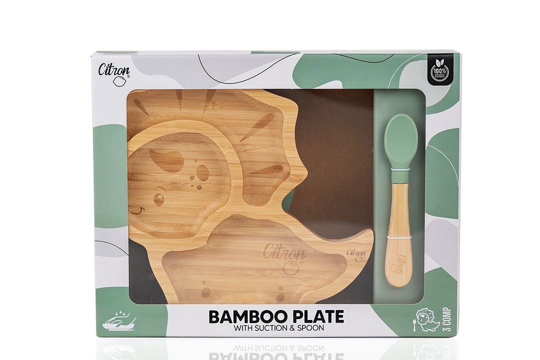Citron - Organic Bamboo Plate Suction & Spoon | Dino Pastel Green