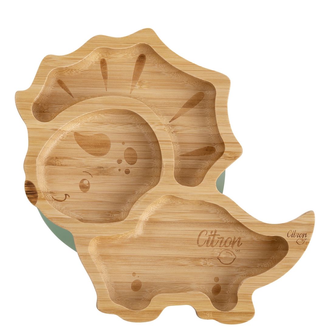 Citron - Organic Bamboo Plate Suction & Spoon | Dino Pastel Green
