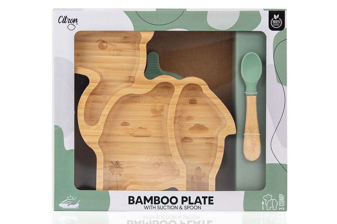 Citron - Organic Bamboo Plate Suction & Spoon | Camel Pastel Green