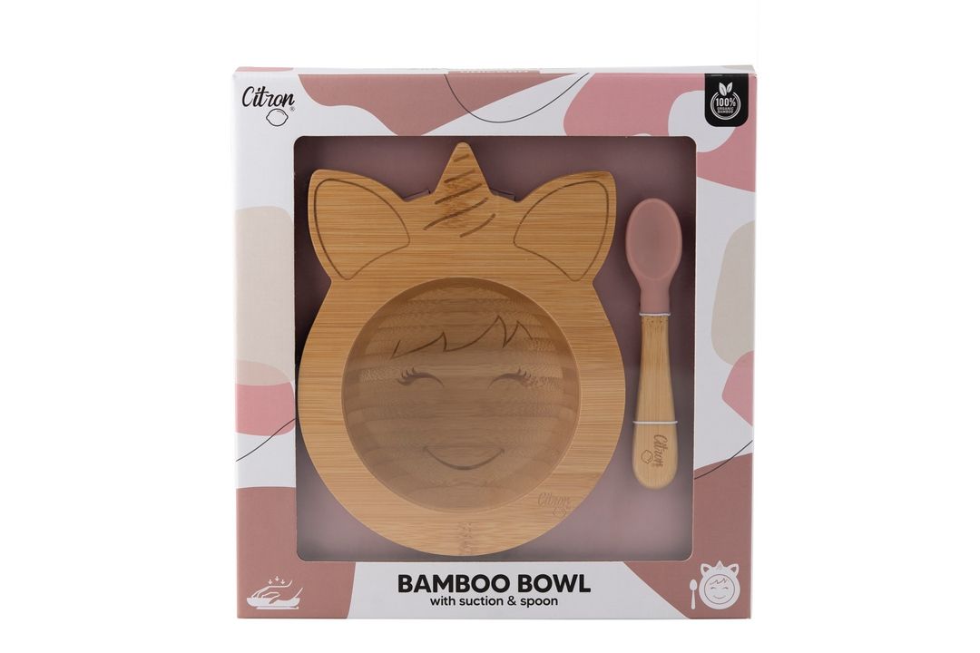 Citron - Organic Bamboo Bowl 250ml Suction & Spoon | Unicorn Blush Pink