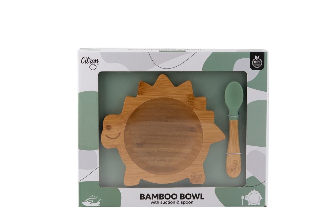 Citron - Organic Bamboo Bowl 250ml Suction & Spoon | Dino Green