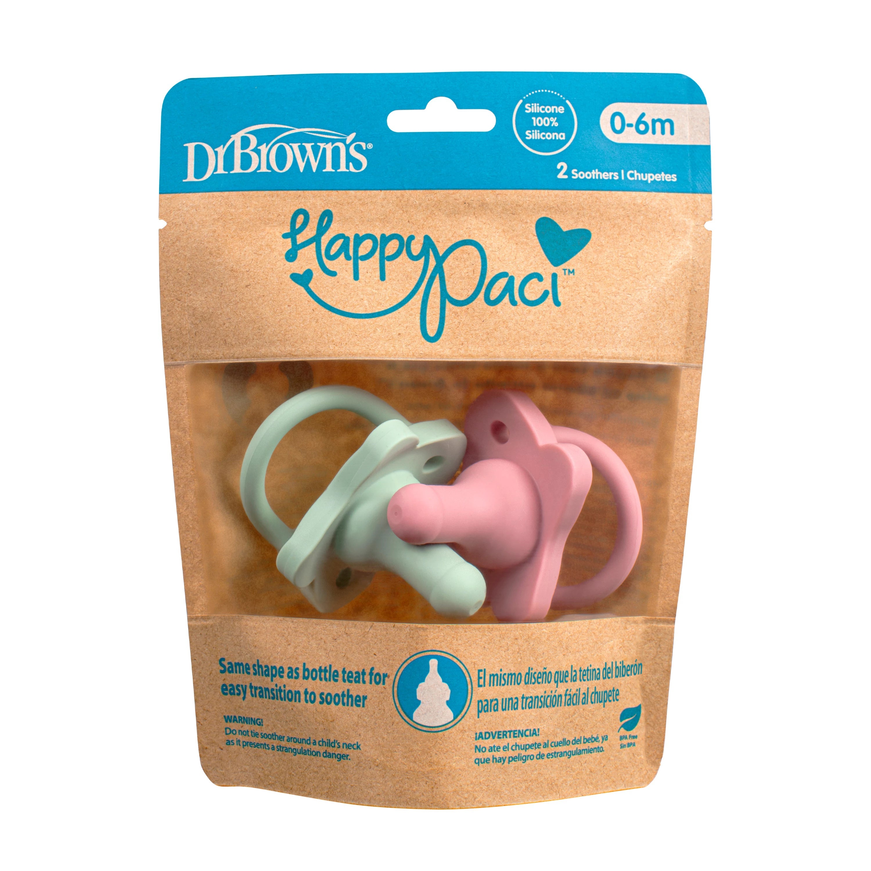 HappyPaci Silicone One-Piece Soother - 0-6m, 2-Pack