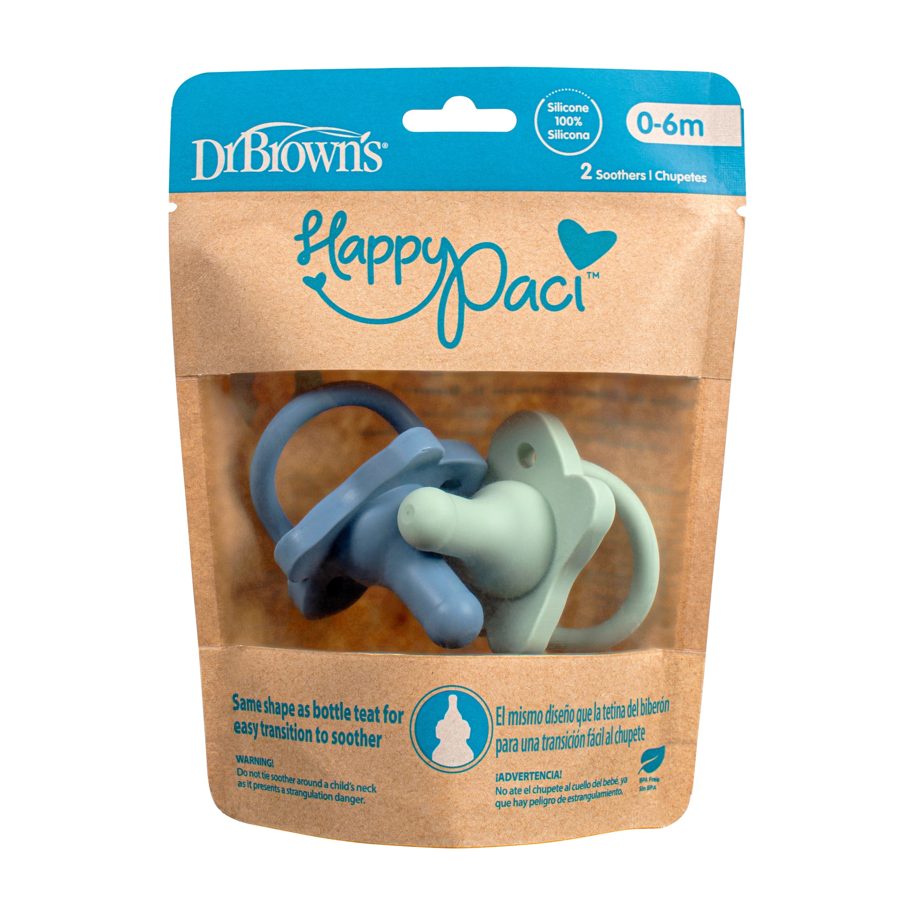 HappyPaci Silicone One-Piece Soother - 0-6m, 2-Pack