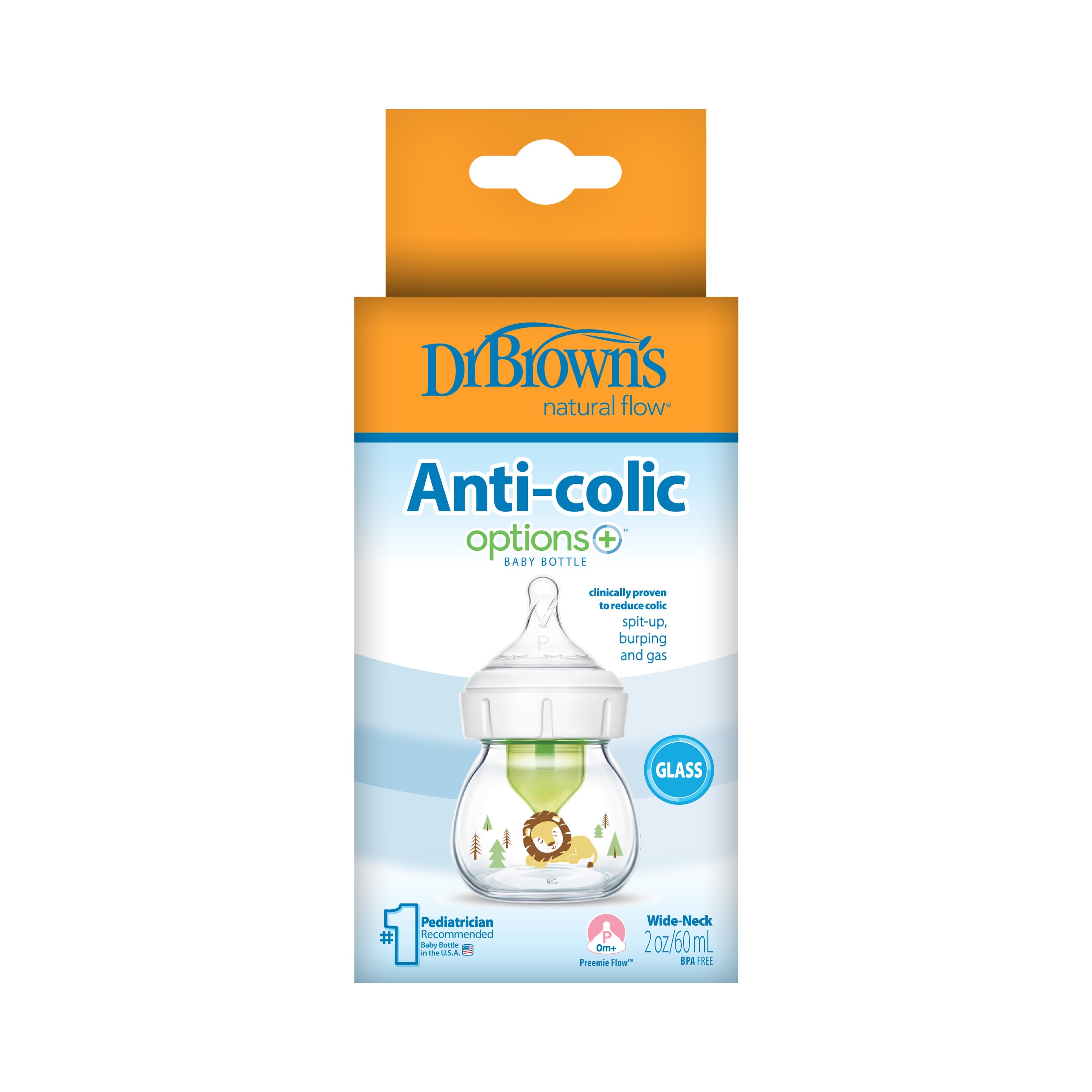 2 oz/60 ml Glass W-N Options+ Bottle w/ Lion Deco w/ Preemie Nipple, 1-Pack