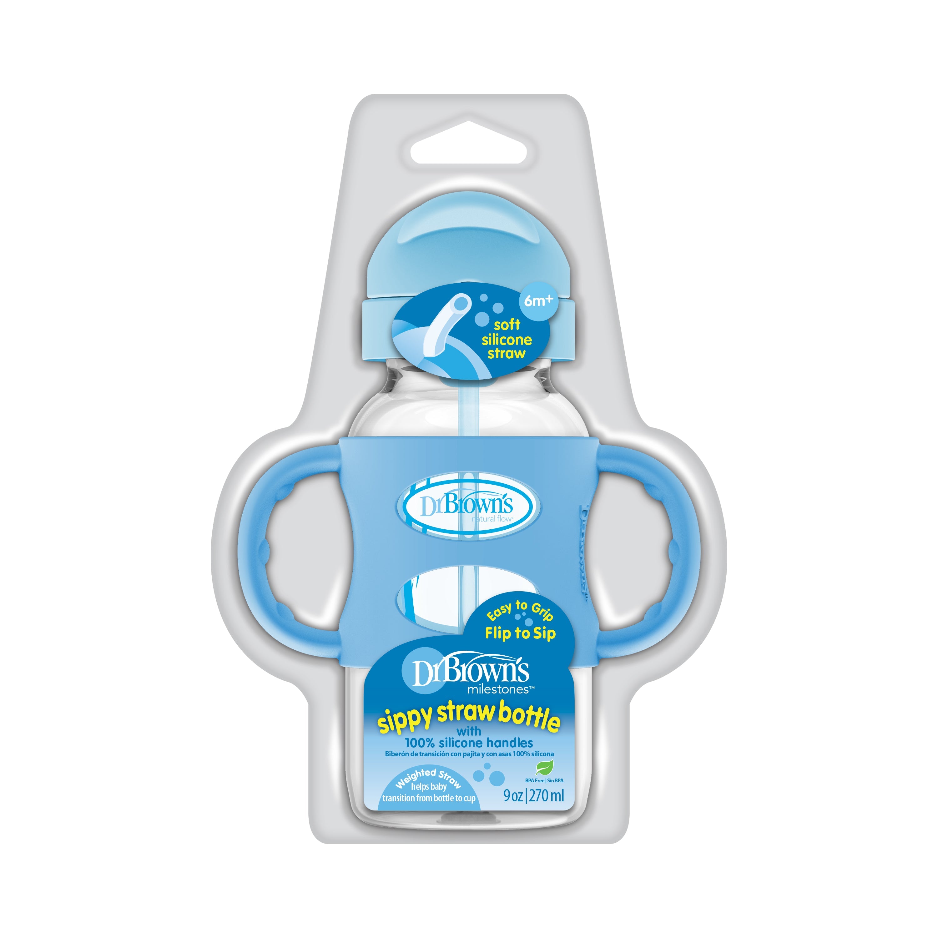 9 oz/270 mL PP W-N Sippy Straw Bottle w/ Silicone Handles, 1-Pack